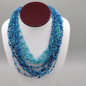 Womens Blue Multi Strand Beaded Necklace Gold Tone Hook Made in Hong Kong Vtg